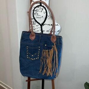 Stylish Denim and Brown Fringe Tote Bag